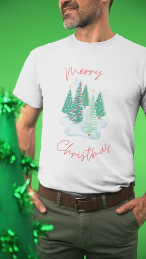
                
                    Load and play video in Gallery viewer, Merry Christmas Snow Trees Unisex Jersey Short Sleeve T-shirt
                
            