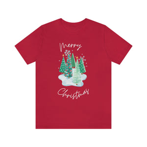 
                
                    Load image into Gallery viewer, Merry Christmas Snow Trees Unisex Jersey Short Sleeve T-shirt
                
            