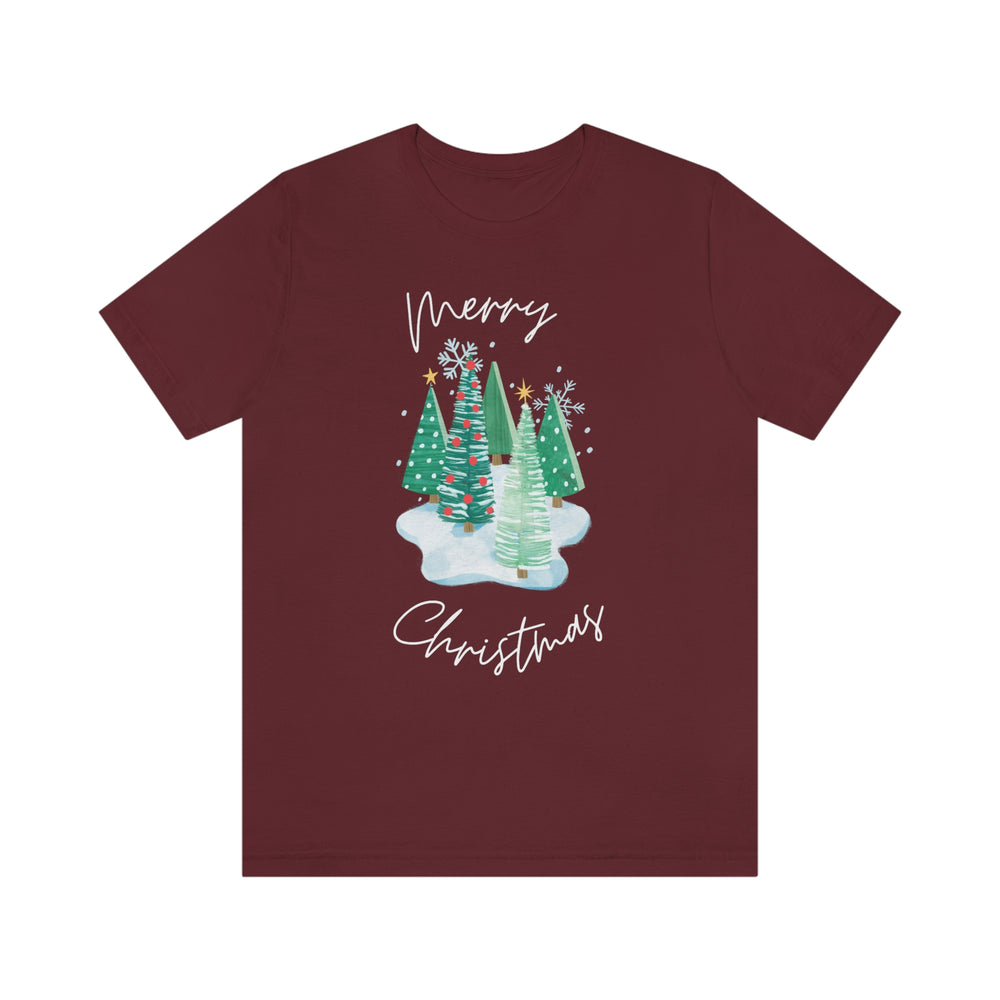 
                
                    Load image into Gallery viewer, Merry Christmas Snow Trees Unisex Jersey Short Sleeve T-shirt
                
            