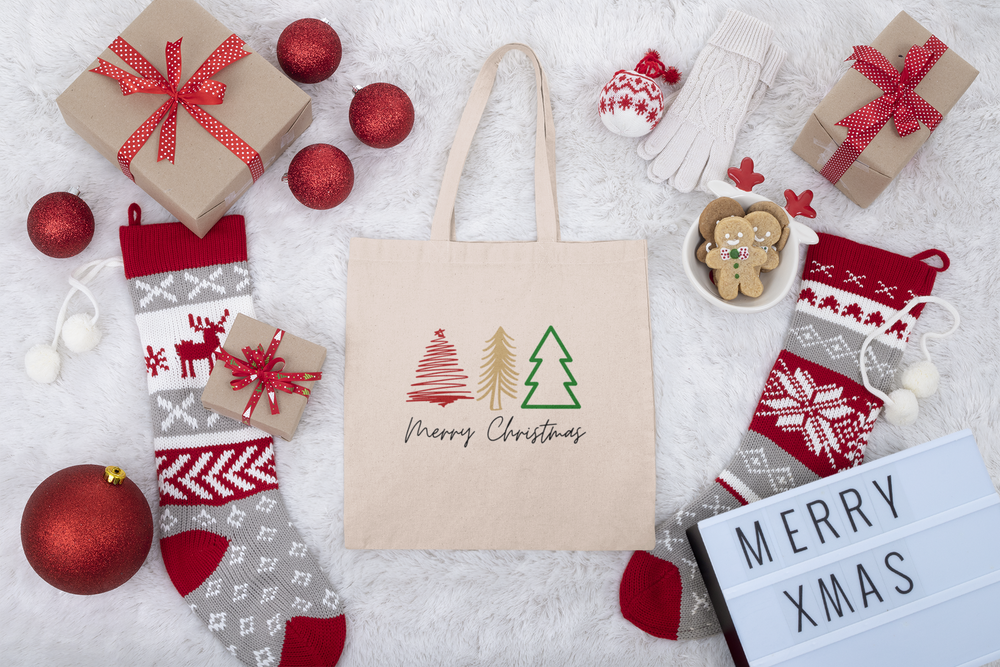 
                
                    Load image into Gallery viewer, Merry Christmas Trees Canvas Tote Bag
                
            