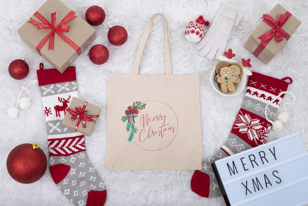 Merry Christmas Wreath Canvas Tote Bag