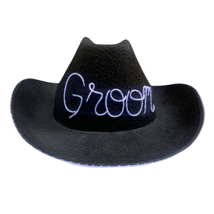 
                
                    Load image into Gallery viewer, Light Up Groom Cowboy Hat in Black With El Wire On Brim
                
            