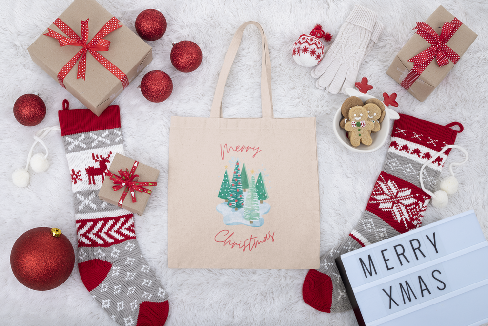 Merry Christmas Snow Trees Canvas Tote Bag