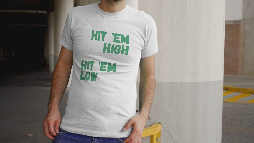 
                
                    Load and play video in Gallery viewer, Hit &amp;#39;Em High Hit &amp;#39;Em Low Unisex Jersey Short Sleeve T-shirt
                
            