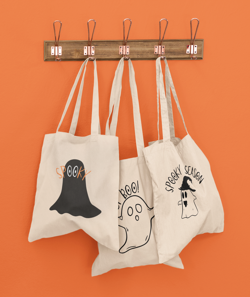 Printify Ghost Canvas Tote Bag Designs | Halloween Trick or Treat Bag, Size: 75, Hey Boo!