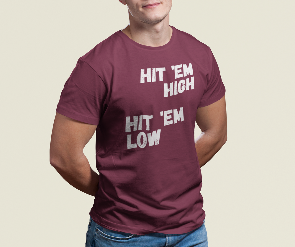 
                
                    Load image into Gallery viewer, Hit &amp;#39;Em High Hit &amp;#39;Em Low Unisex Jersey Short Sleeve T-shirt
                
            