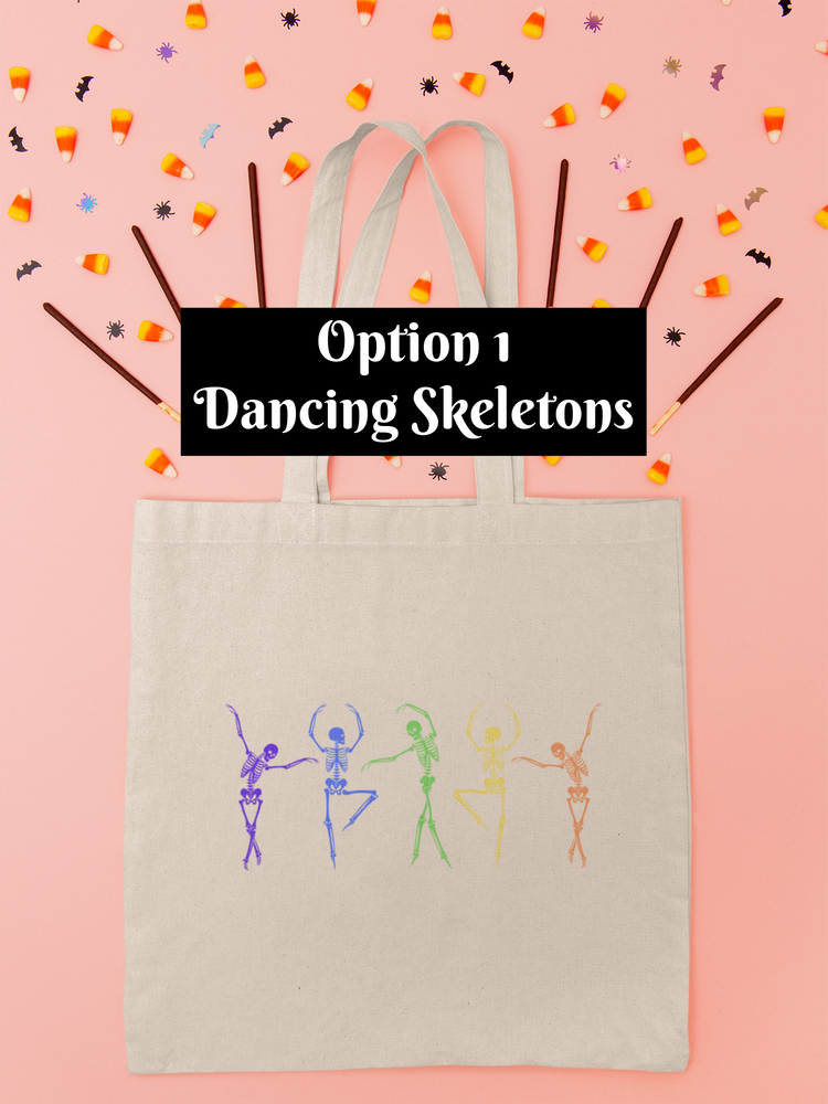 
                
                    Load image into Gallery viewer, Skeleton Canvas Tote Bag Designs | Halloween Trick or Treat Tote Bag
                
            